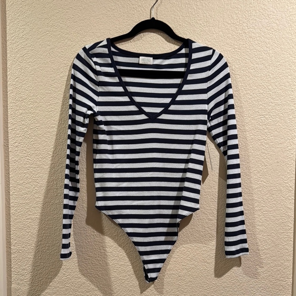 Abound Navy and White Deep V Striped Bodysuit